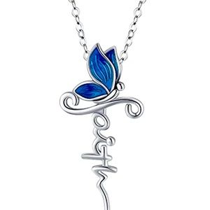 NWT—Faith Cross Blue Butterfly Silver pendant necklace.